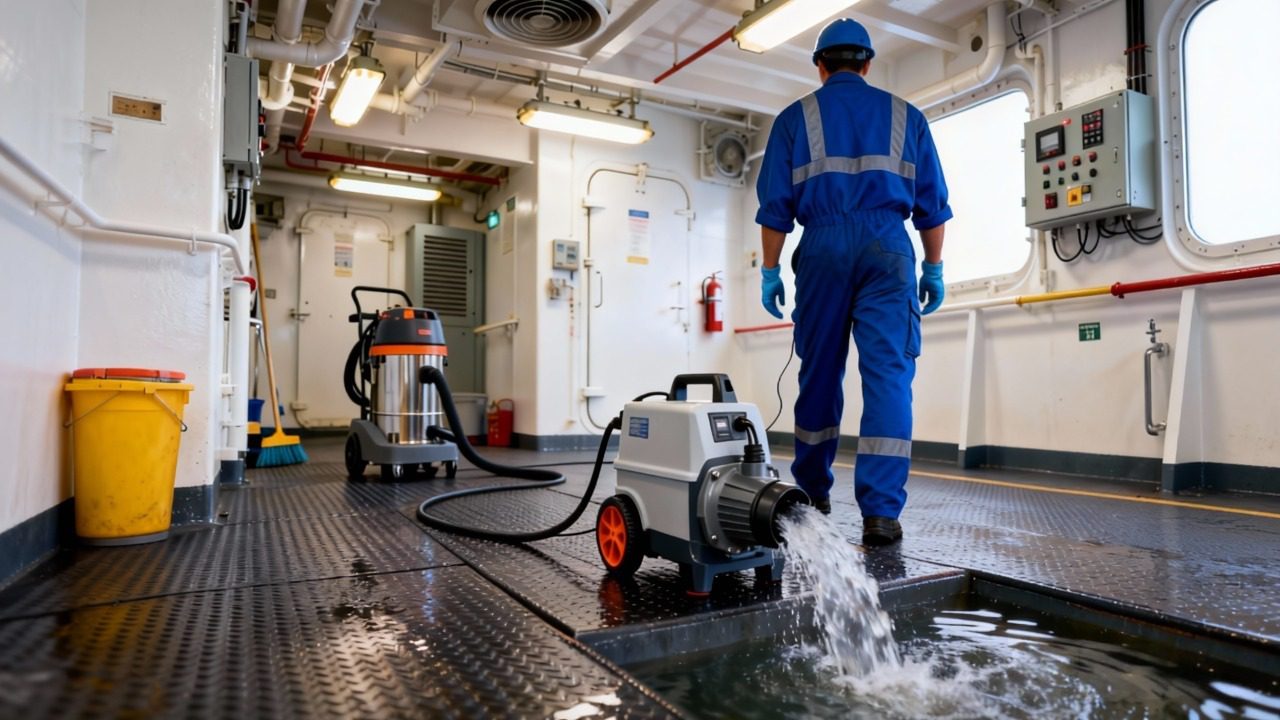 jimeng-2025-12-17-8201-参考图1的场景和构图，船员背对镜头看不到人脸，保持船舱内潜水泵工作场景的专业商业...